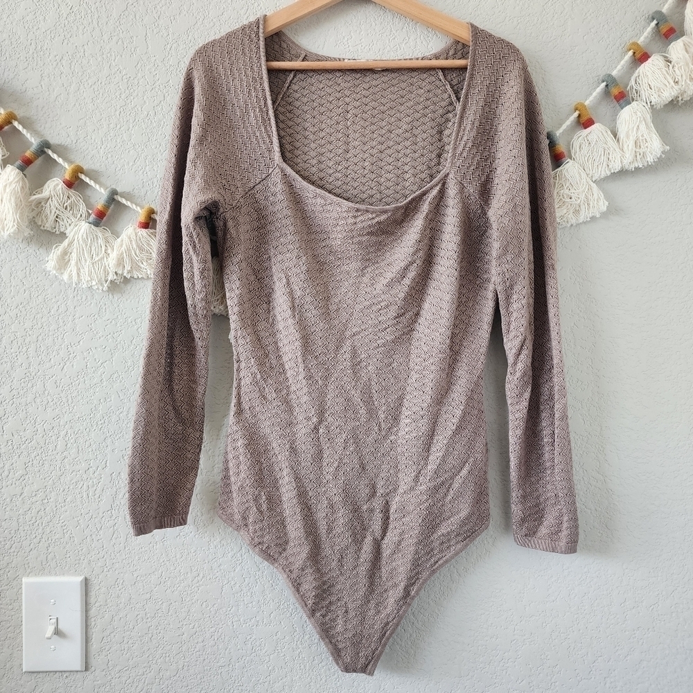 Abercrombie & Fitch Pointelle Squareneck Knit Long Sleeve Thong Bodysuit Taupe L